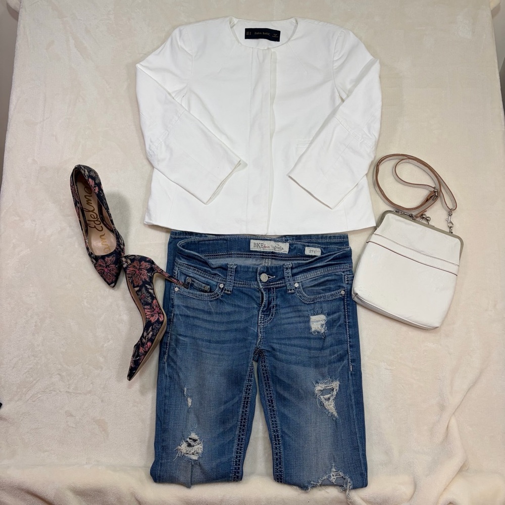 Zara‎ Collarless White Cotton Jacket
